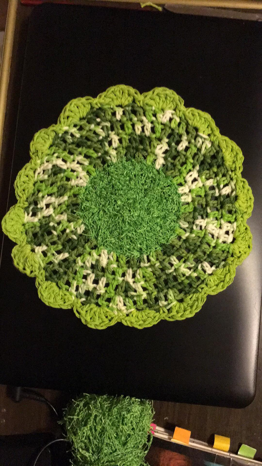 Green Variegated Round Dishrag w/ Scrubby and Scallop